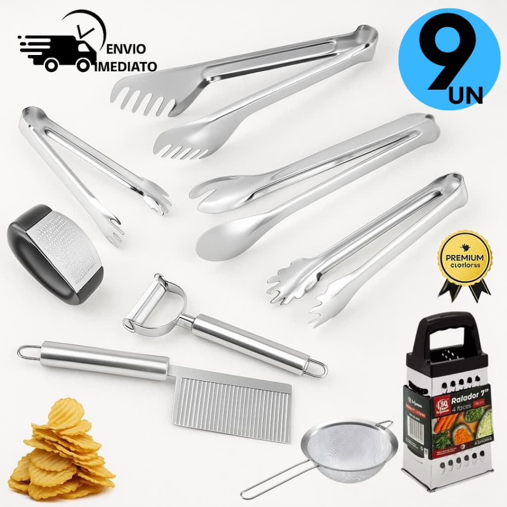 Conjunto 8 Utensílios Inox para Cozinha Pegadores Cortador Ralador Descascador