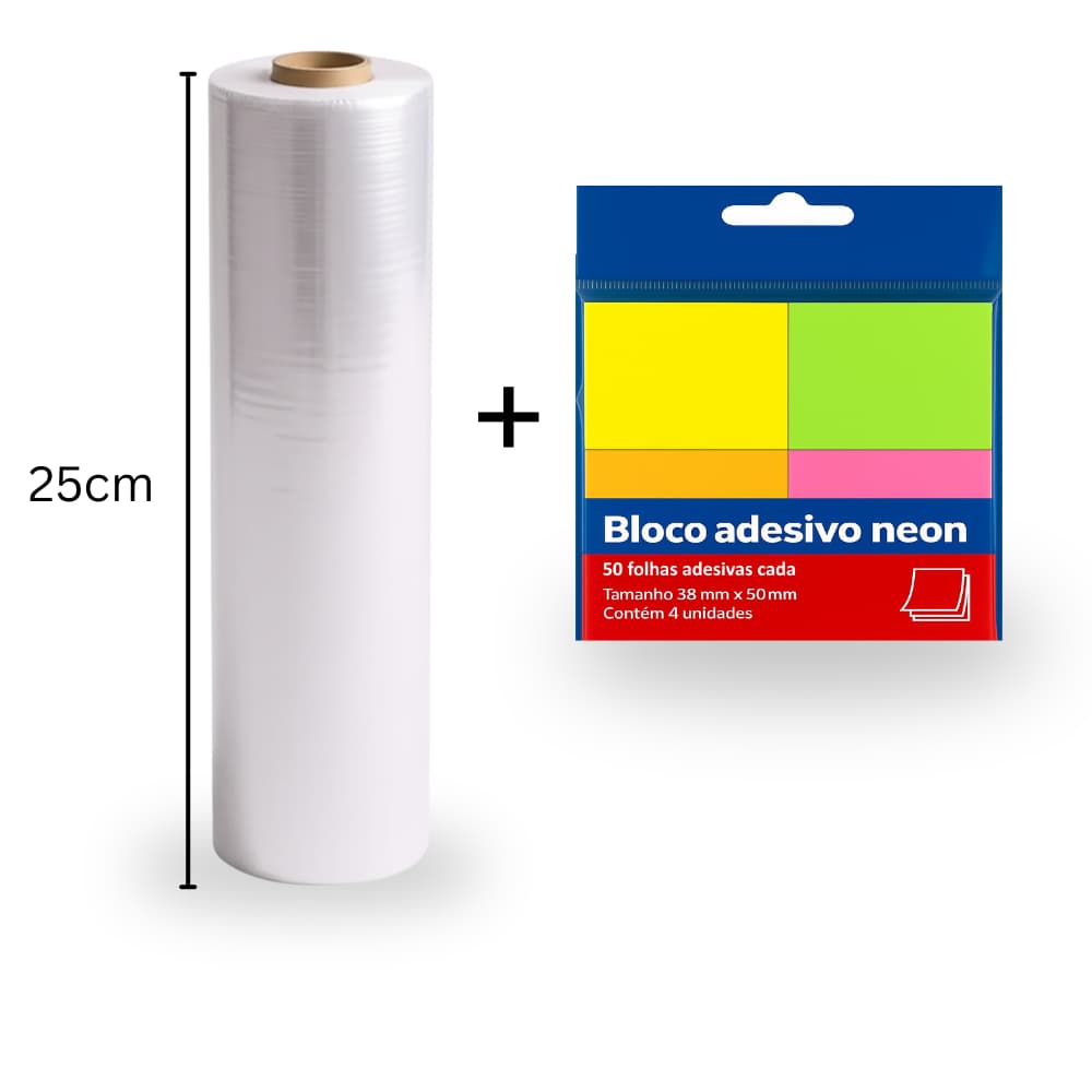 Rolo Filme Plastico Esticável Stretch Embalar 150m x 25cm e Kit Bloquinhos Adesivos