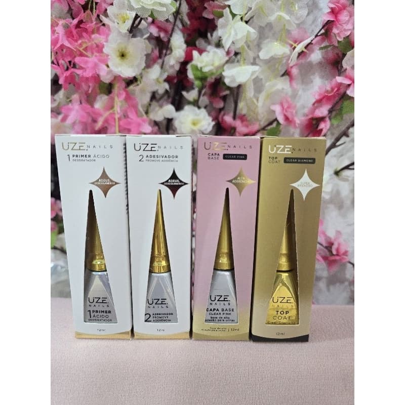 Kit Uze Primer Ácido + Adesivador + Capa base Pink + top coat clear
