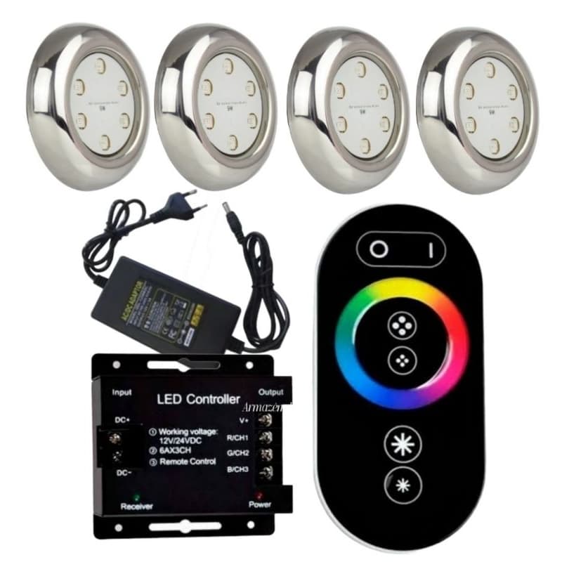 Kit Iluminação Piscina 4 Led 9w RGB Inox 316 + Comando Touch com Fonte 110/220V