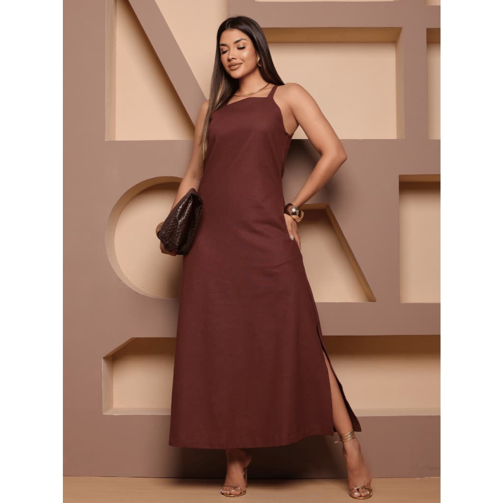 Vestido Longo de Linho Alça Fina com Fenda Elegante Festa Casual Chic