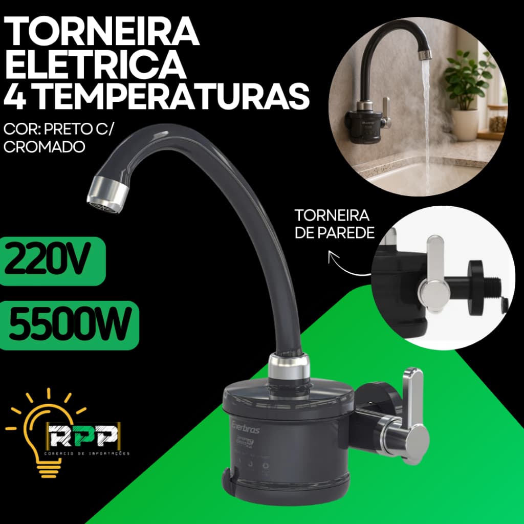 Torneira Cozinha Elétrica Preto Cromado 220v 4t Enerbras 5500w