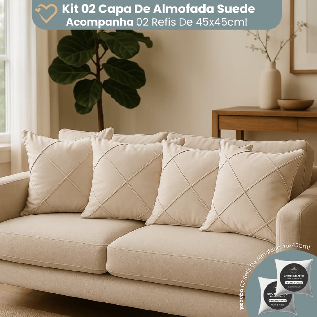 Kit 2 Unidades Com Enchimento Almofada Suede Drapeada Macia Decorativa 45x45 Par Aveludada Premium