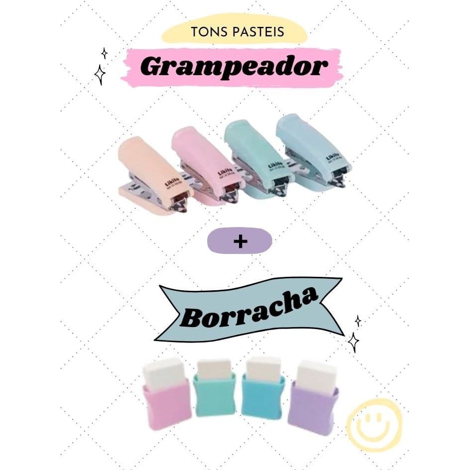 Kit Grampeador Mini + Borracha - Tons Pasteis - Lyke