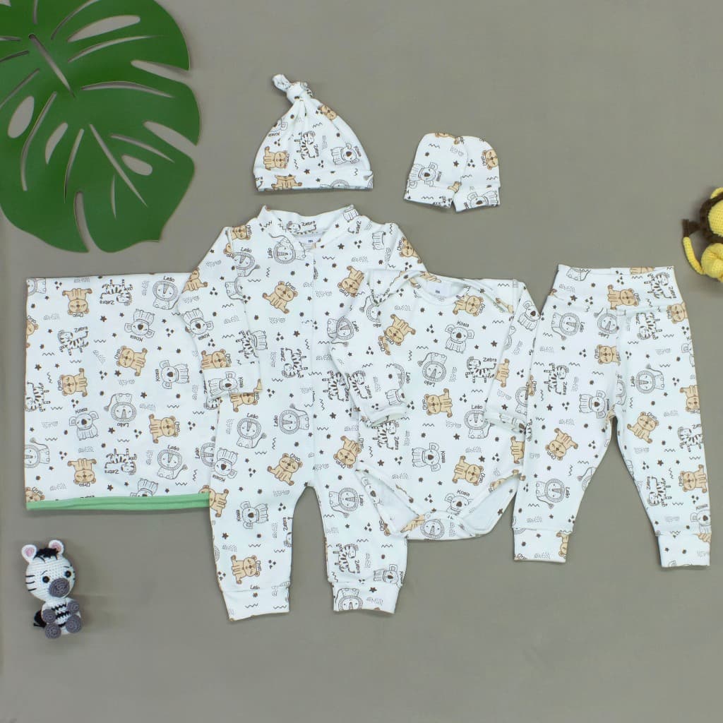 Kit Maternidade Primeiros Dias Bebê Menino Safari Bege e Verde Algodão Saída Maternidade Completa