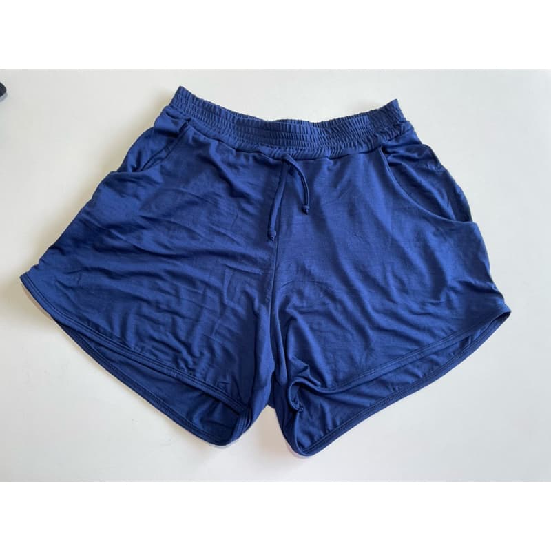 Short Feminino Azul Solto Confortável Viscolycra Casual Casa Com Bolso Amarração Ajustável