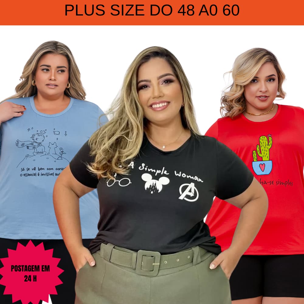 Kit 3 Camisetas Plus Size de Malha  Feminina T-shirt Desenhos e Frases.