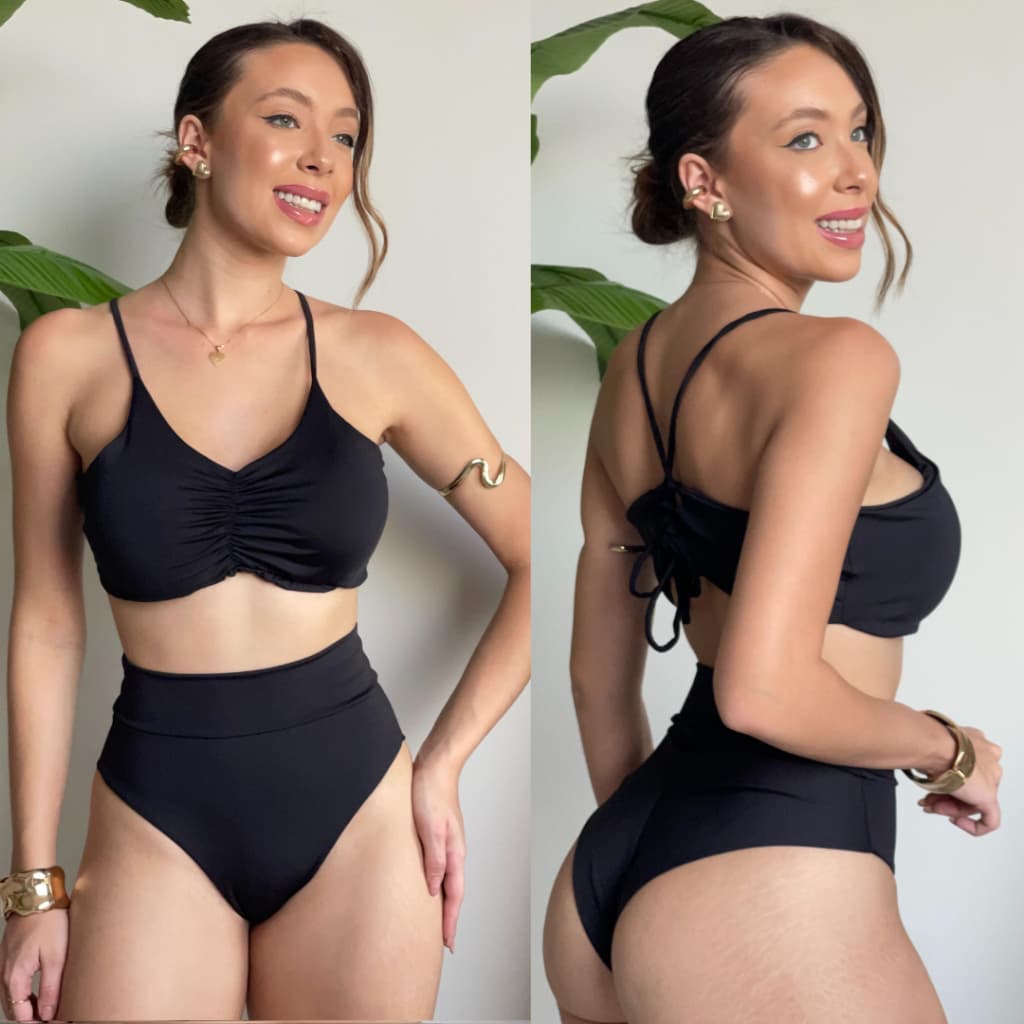 Biquini forrado com bojo drapeado calcinha hotpant fio duplo Biquíni Top Faixa Cintura Alta