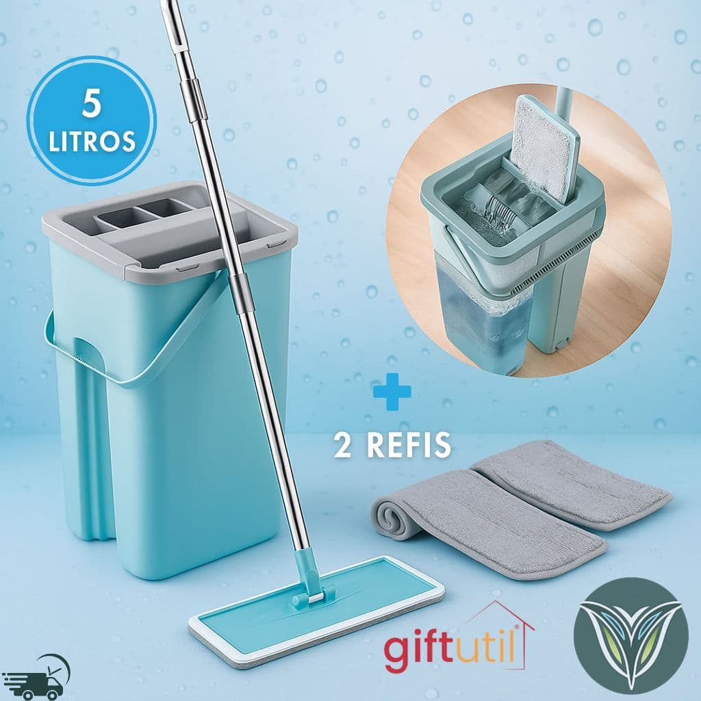 KIT Rodo Flat Mop Profissional + Balde Duplo Lava e Seca + 2 Refil Esfregao Mágico Limpa Limpeza Tira Pó Extensível