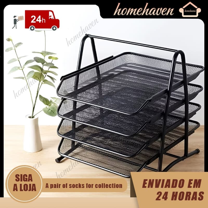 Suporte Organizador De Documento Papel A4 3/4 Bandejas Preto