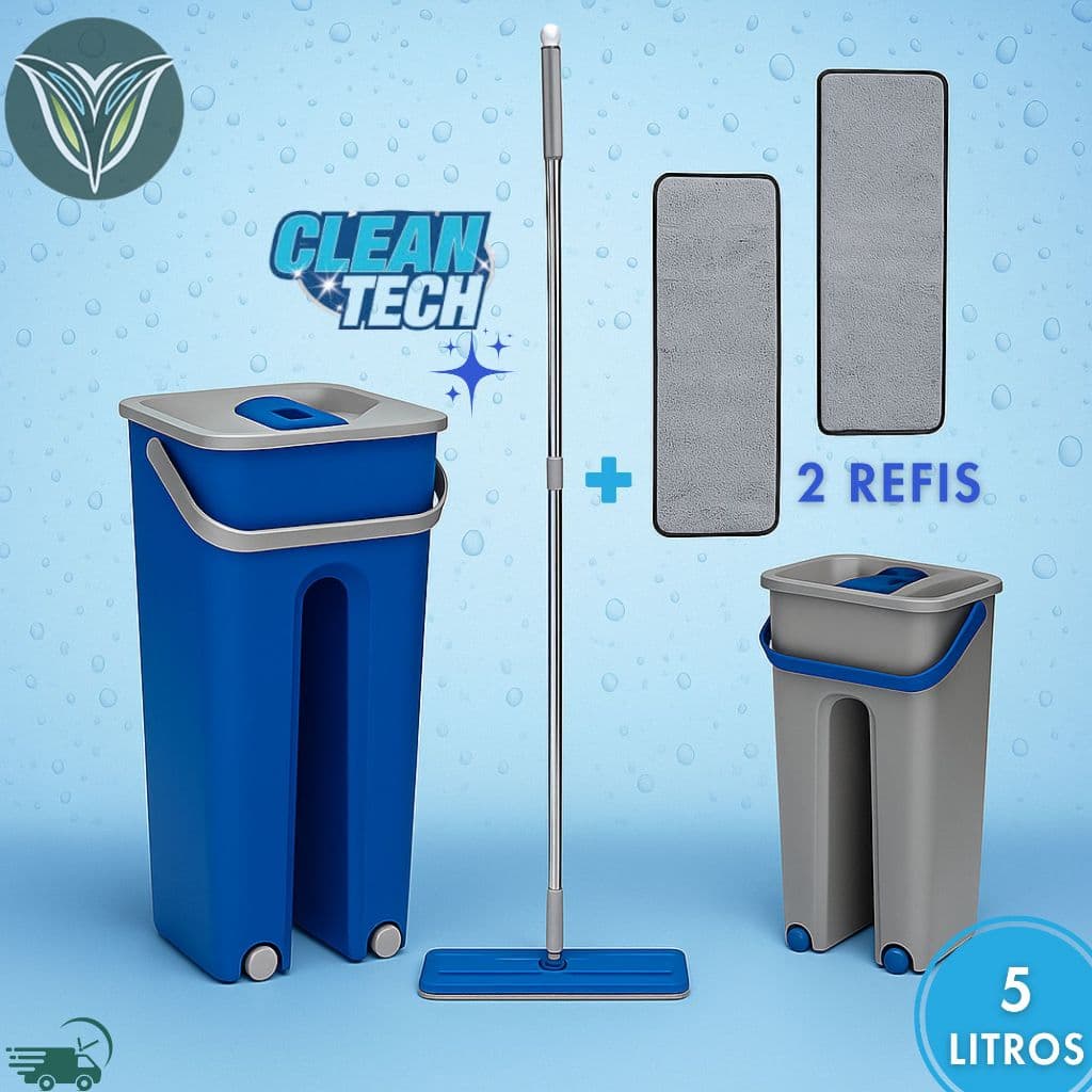 KIT2 Rodo Flat Mop Profissional + Balde Duplo Lava e Seca + 2 Refil Esfregao Mágico 5 Litros Limpa Tira Pó Multiuso