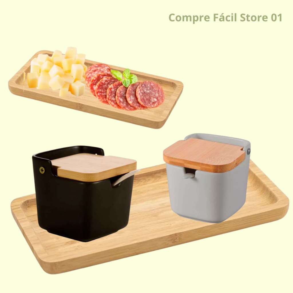 Kit Saleiro Porcelana Cerâmica  Preto e Fendi Tampa de Bambu Salt Com Colher + Petisqueira Bambu