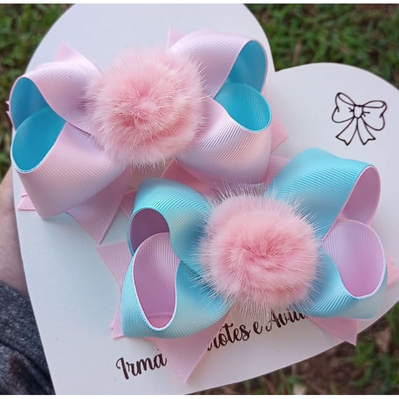 Laço de cabelo grande para menina azul e rosa com aplique de pompom
