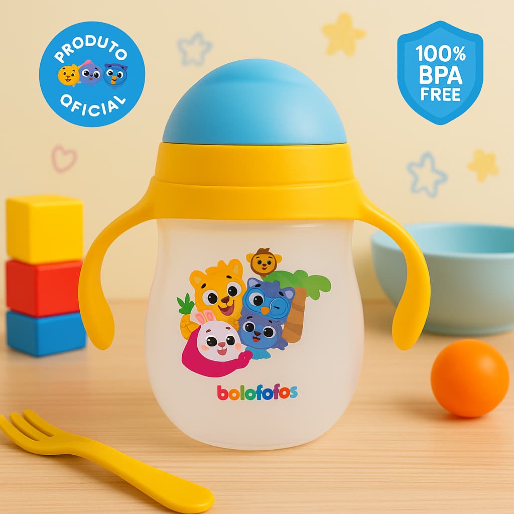 Copo de Treinamento Bolofofos 280ml – Bico de Silicone + Tampa Retrátil – BPA Free- Zoop Toys
