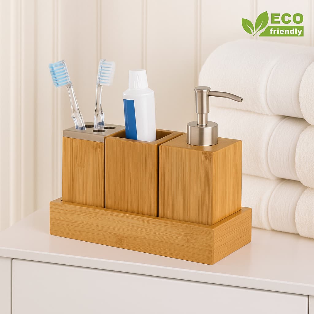 Kit Banheiro Lavabo Bambu Com Bandeja Saboneteira Porta Escova De Dente Luxo Sabonete Líquido Marrom