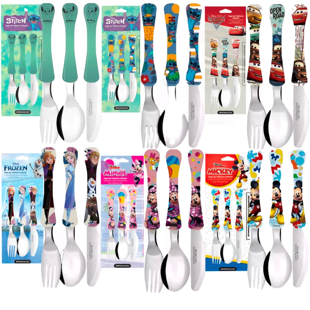 Conjunto de Talheres Infantil Disney Frozen Minnine Mickey Stich Carros Inox Simonaggio 3 unidades