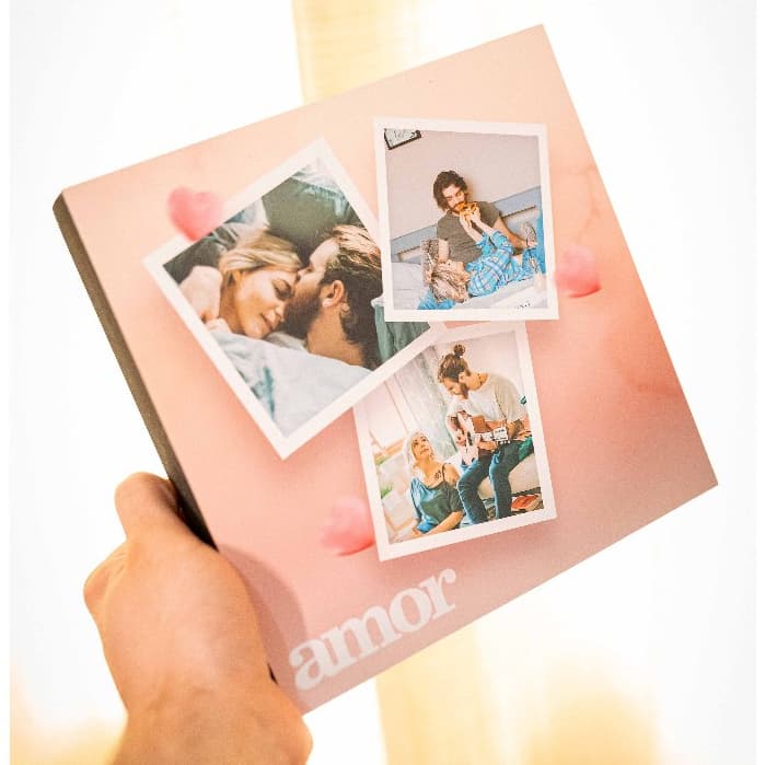 Quadro MDF 20x20cm com 3 Fotos - Personalizado para Casal - Tema Amor - Presente Namorados - Decoração Moderna