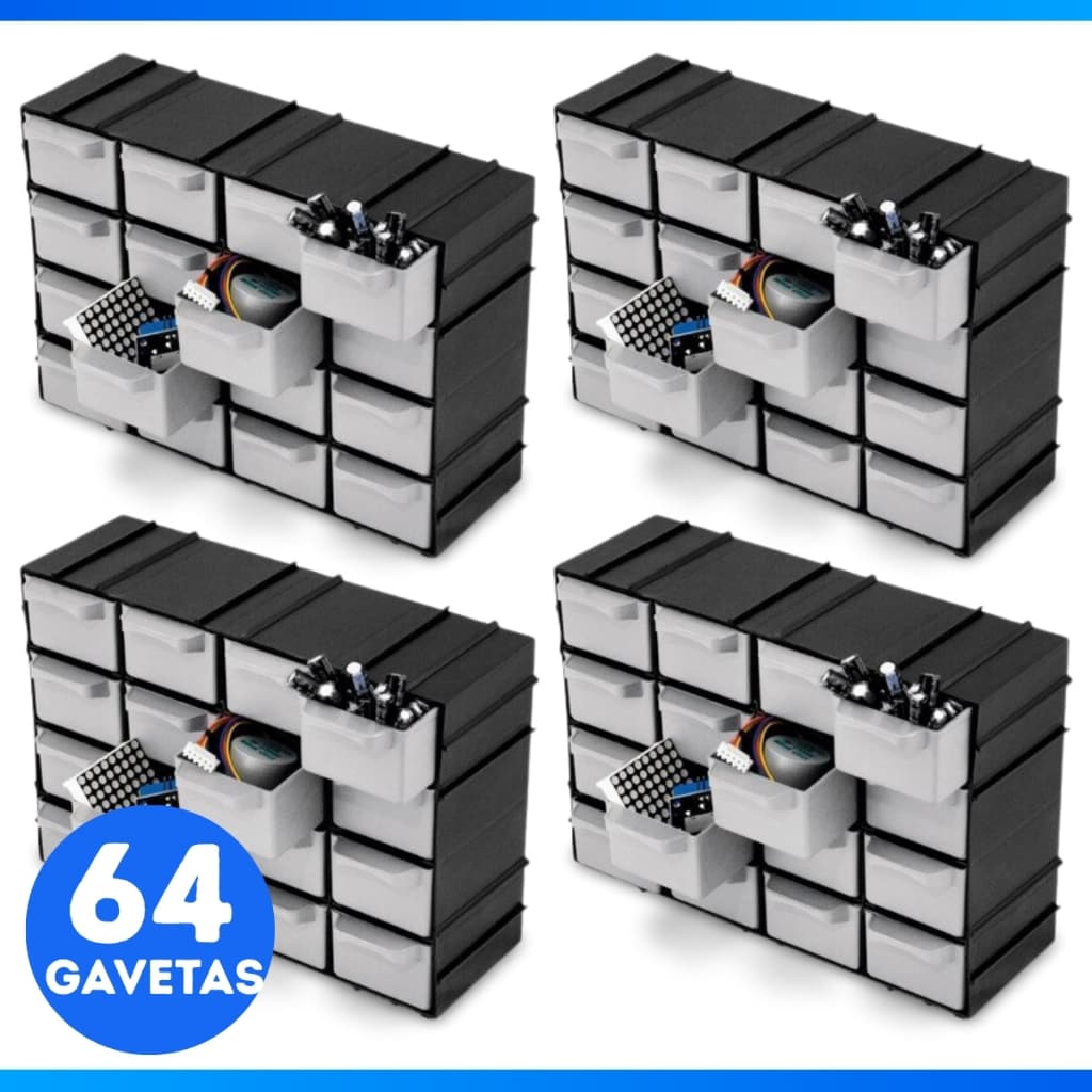 Kit 4 Caixa Gaveteiro Plástico Organizador 16 Gavetas 7001 Cor Preto