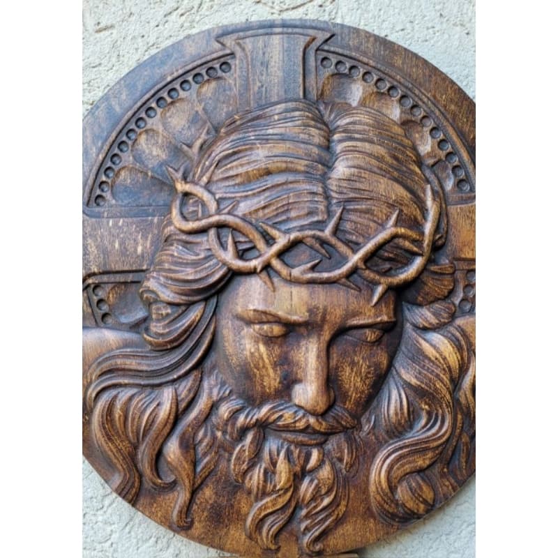 Quadro Face De Cristo em Madeira 30cm X 31cm Artesanto em Madeira Arte Sacra