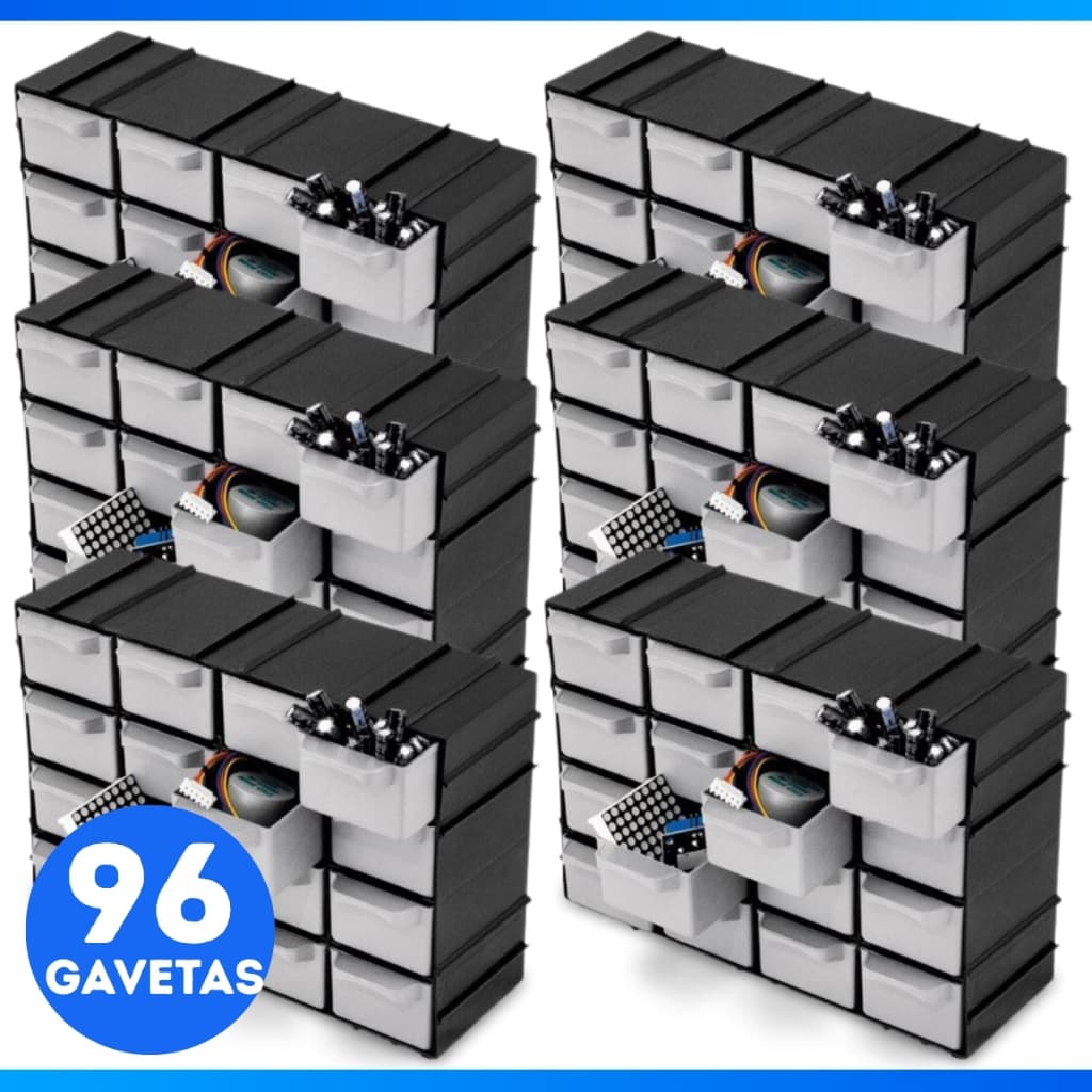 Kit 6 Caixa Organizadora Gaveteiro Para Ferramentas Pescas Com 96 Gavetas Empilhável Plastico