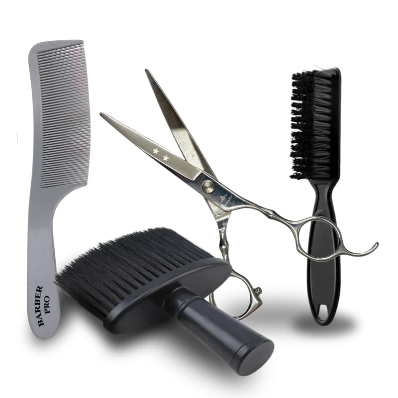 Kit Tesoura Fio Navalha 6.0 Profissional + Espanador T Preto + Escova de Disfarce + Pente Curvado