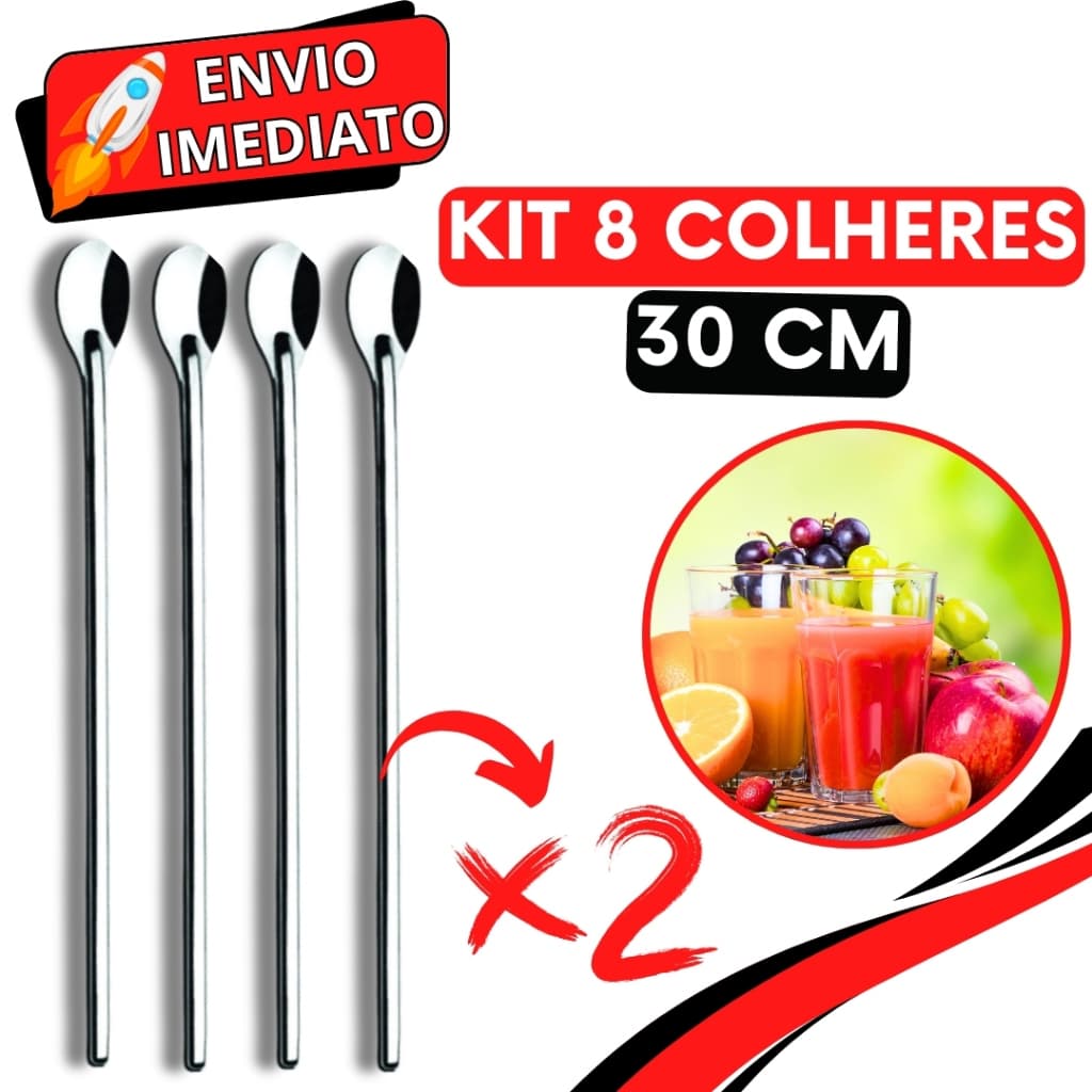KIT 8 Colher de Suco Jarra GRANDE Coquetel Drink Aço Inox de Cozinha Padaria Bar Restaurante Casa para Bartender Barman