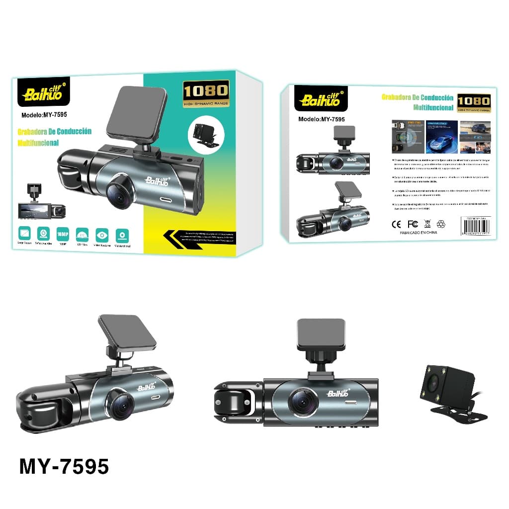 Câmera Veicular 3 Lentes 1080P com Visão Frontal, Traseira e Interna – Modelo MY-7595