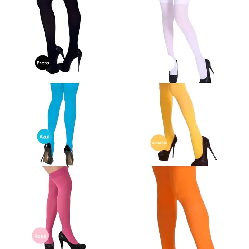 1 Par De Meia 7/8 Fina Varias Cores Fantasia Cosplay Festa Amarelo Preto Rosa Branco Laranja Azul