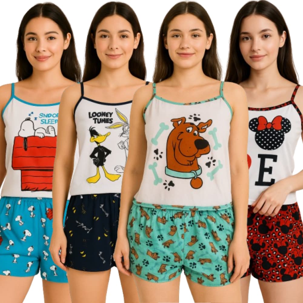 Kit 2 Baby Doll Curto Short Malha PV Estampado Personagens Adulto Alça Fina Barato Revenda