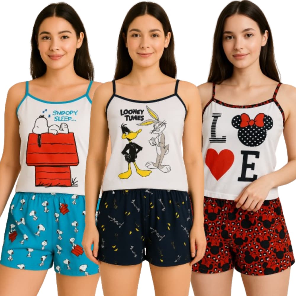 Kit 3 Baby Doll Curto Short Malha PV Estampado Personagens Adulto Alça Fina Barato Revenda