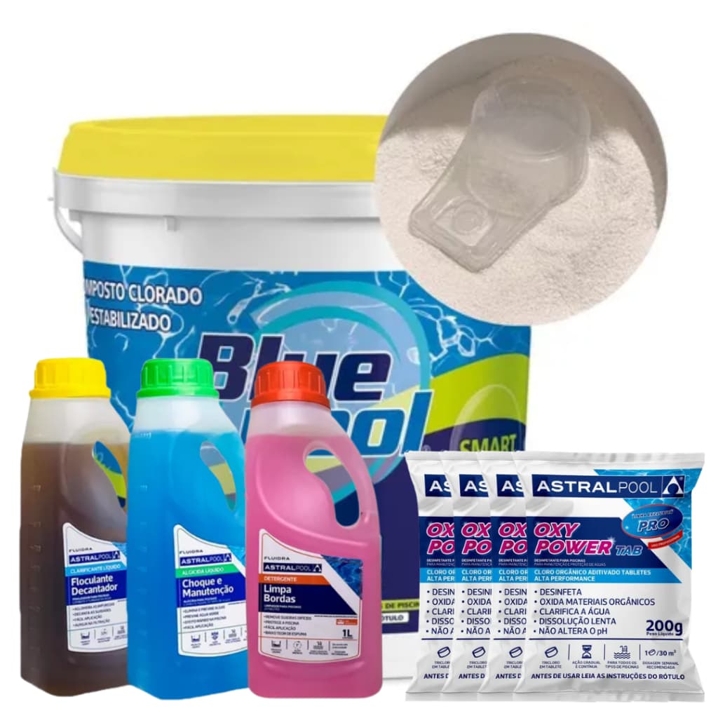 Balde Cloro Smart 7,5Kg Multiação Bluepool Limpeza Piscina + Produtos Auxiliares e 04 Pastilha Astral Pool 5 em 1 - 200g