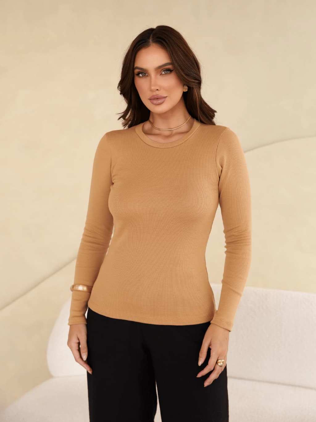 Camiseta Manga Longa Canelada Inverno Moda Ribana