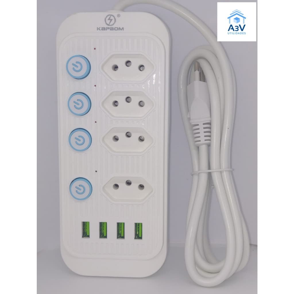 Filtro de Linha Kapbom 2 Metros KA 7013 / 4 Tomadas de 3 Pinos / 4 USB