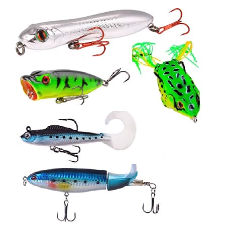 kit 5 iscas - 6,5cm popper -  Zara barulhenta - soft lure 7,5cm - frog sapo 5,5cm - cauda hélice giratória