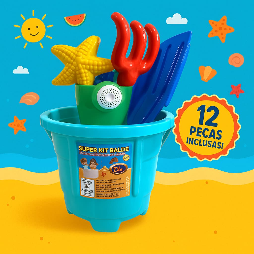 Baldinho Infantil de Praia – Kit 12 Peças Como Moldes, Pás e Regador – Brinquedo Para Areia, Piscina e Jardim