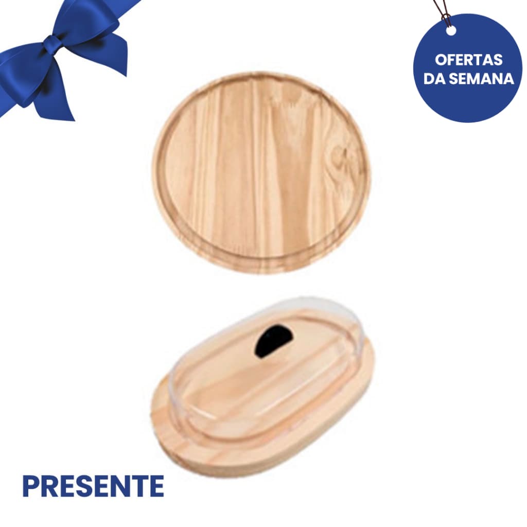 IMPERDÍVEL KIT Tábua Redonda e Manteigueira de Madeira Natural e tampa de Acrílico Cozinha