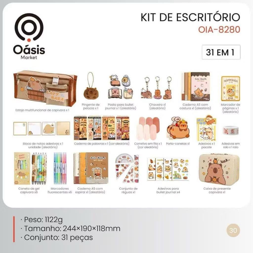 Kit Papelaria Capivara 31 Peças Completo | Material Escolar Fofo Presente Criativo Infantil