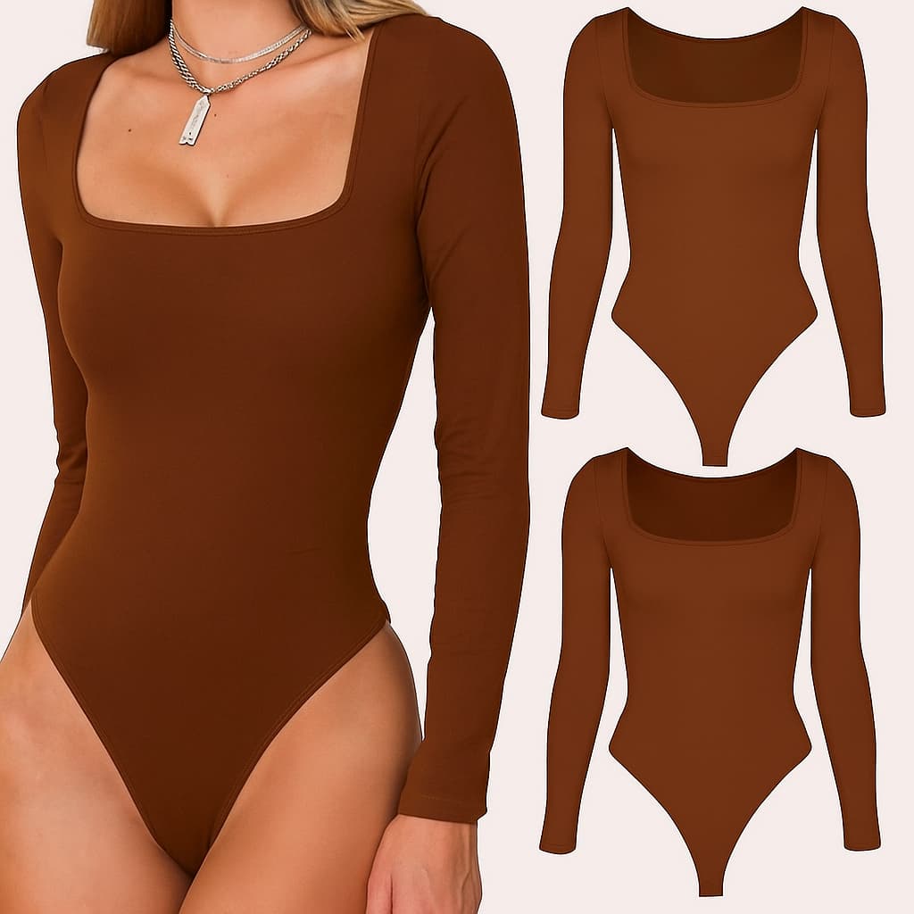 Body Manga Longa Decote Quadrado Suplex Forrado Blusa de Frio Inverno com Feicho Bori Collant Bodi Tendencia Blogueira
