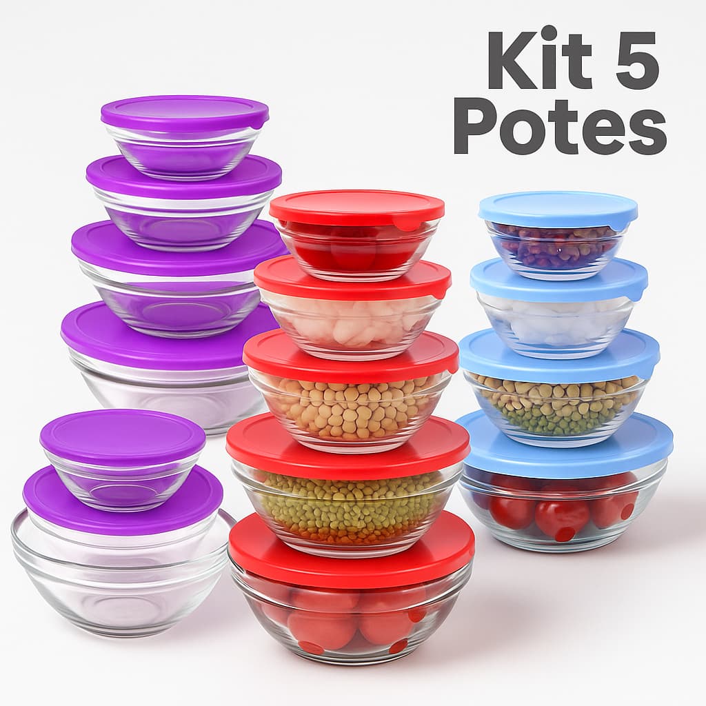 Conjunto 5 Peças Pote Vidro Com Tampa Tigela com Tampa Transparente Hermético Tapoer Cozinha
