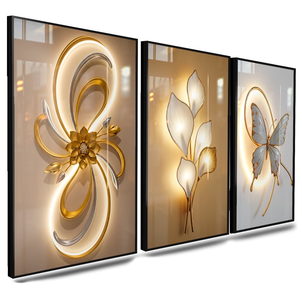 Kit Quadros Decorativos com 3 peças Encanto Dourado Arte em Três Momentos Flor Abstrata Luxo Orgânico