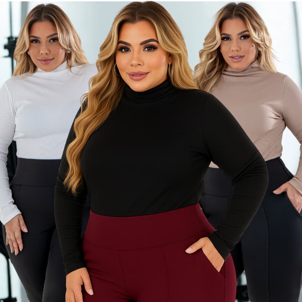 Blusa Feminina Manga Longa Gola Alta Canelada Confortável Básica Casual Moda Inverno
