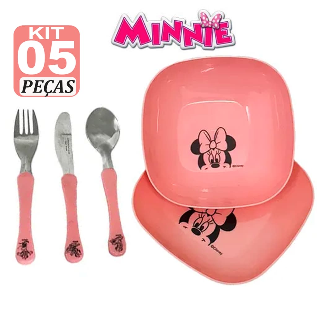 Kit Refeição Infantil Minnie 5 Peças Rosa Prato Cumbuca Talheres Inox para Meninas Resistente