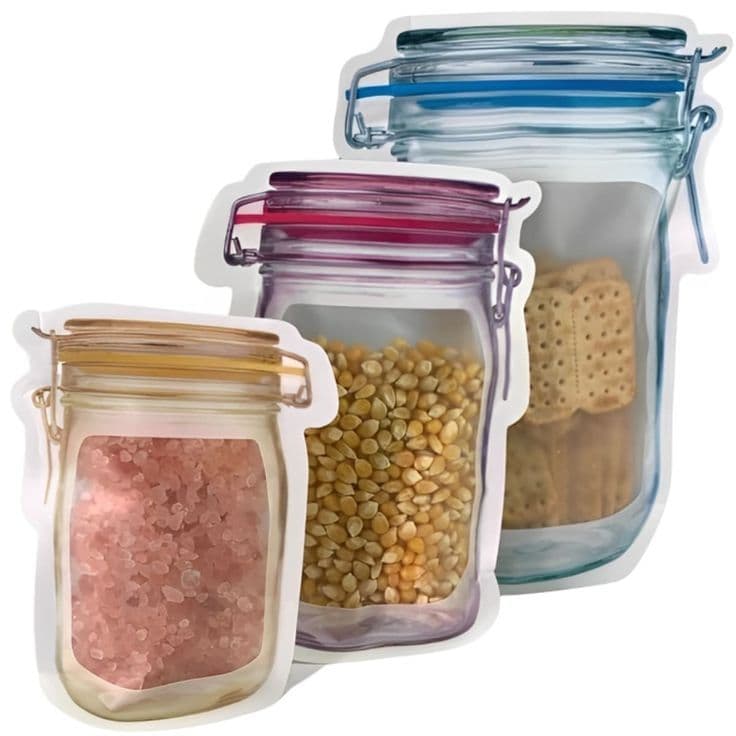 Kit de Sacos Zip Lock em Formato de Pote | Reutilizáveis | Cores Sortidas | Tamanhos P / M / G