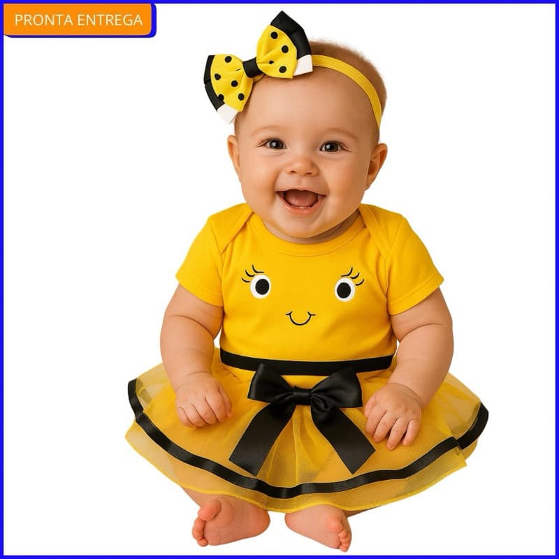 Body bebê abelha temático Mesversário+Laço+Tule Luxo