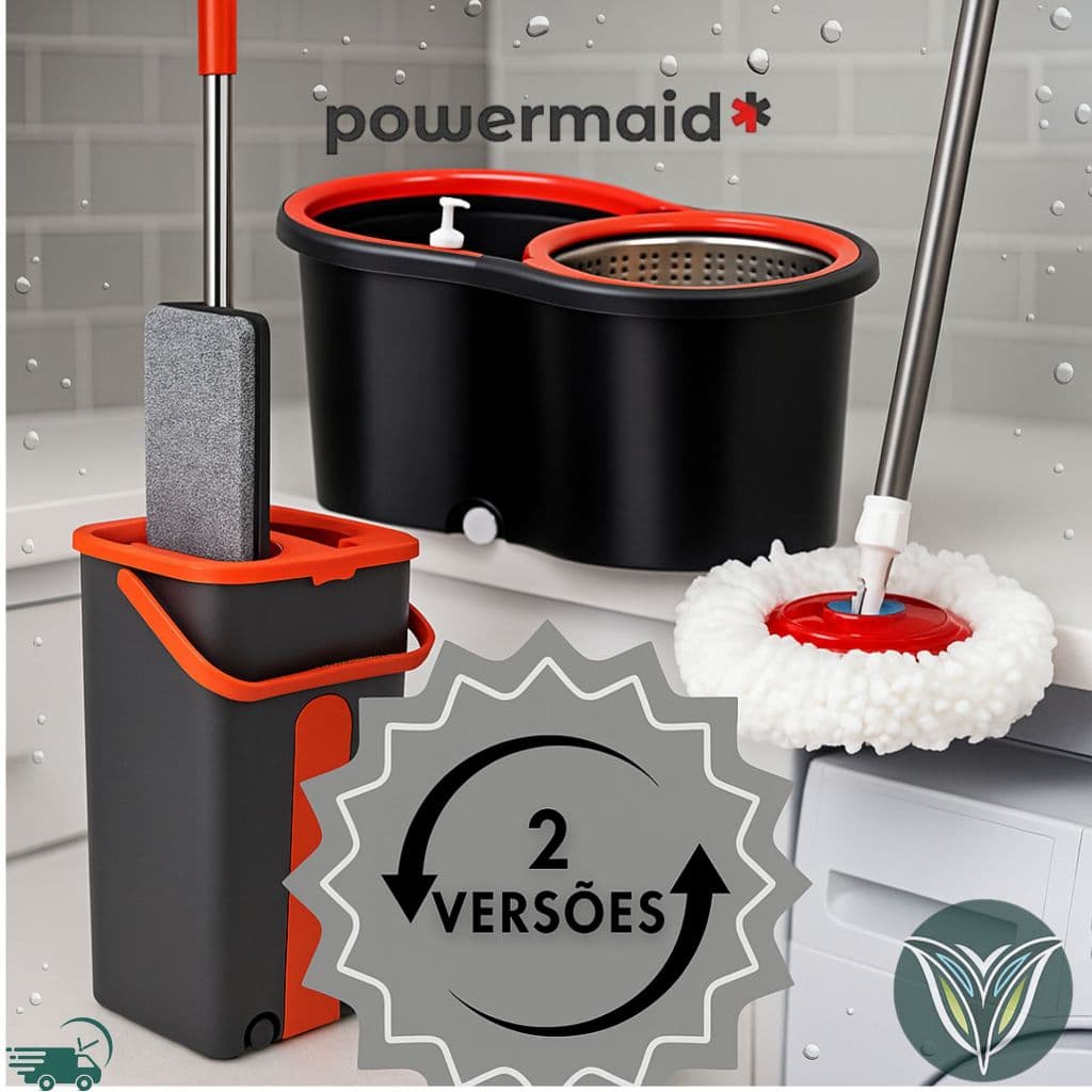 Flat Mop Rodo Lava e Seca com Balde e 1 Refil PowerMaid Cesto Giratório Esfregão Mágico Profissional