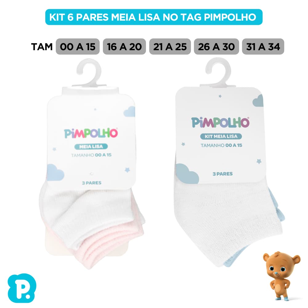 Kit 6 Pares Meia Lisa Bebê Menino Menina no Tag Pimpolho