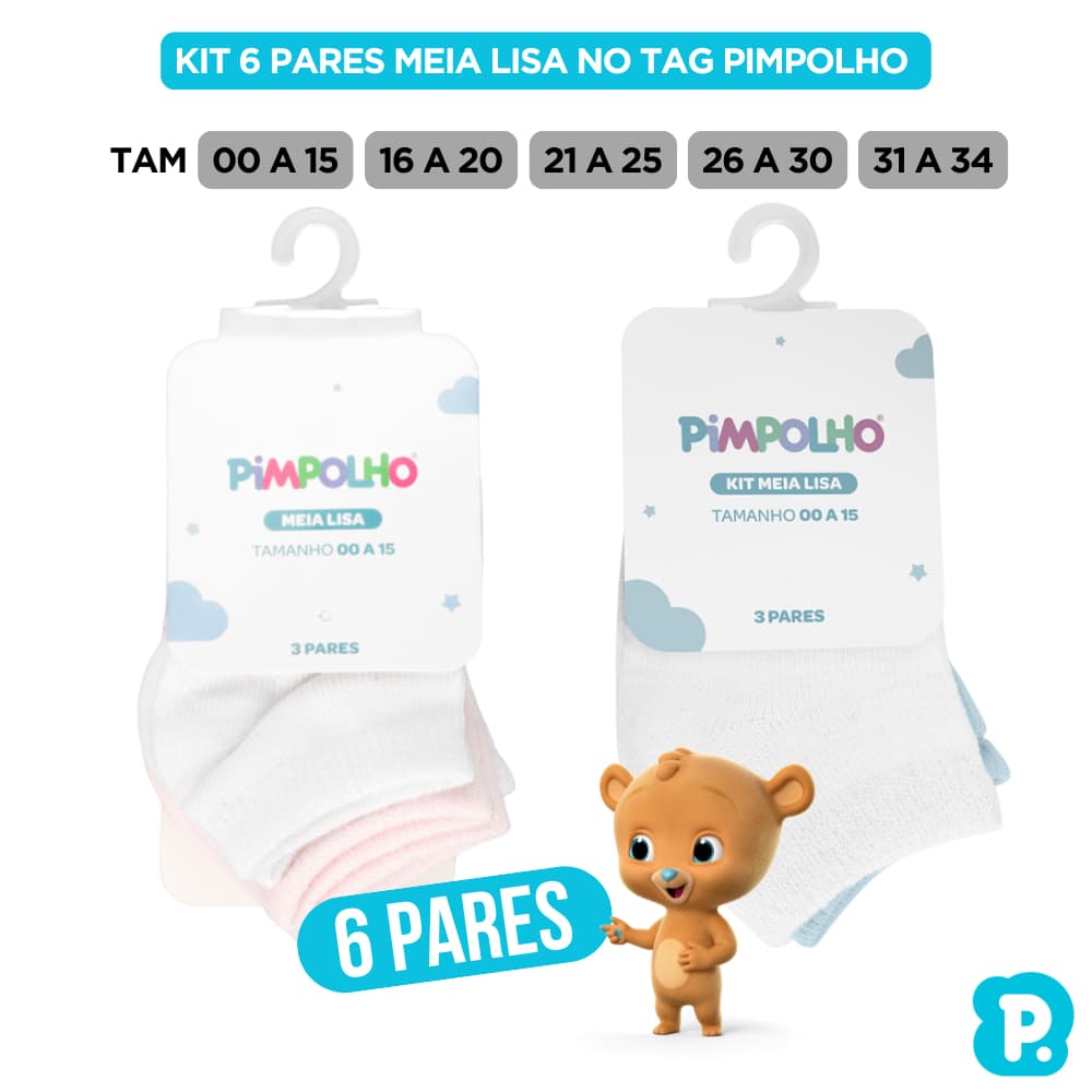 Kit Meia Lisa Menino Menina 6 Pares no Tag Pimpolho