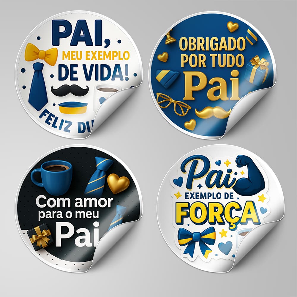 Kit 120 Etiquetas Adesivos Dia dos Pais 10 Modelos Diferentes 4x4cm Vinil Presente Embalagem Lembrancinha