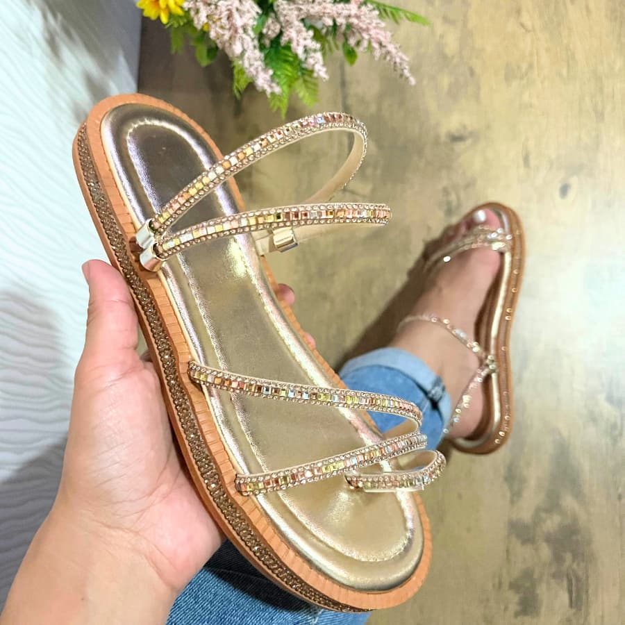 Sandália Papete Feminina Flat Luxo Rasteira Strass 2 em 1 Flatform Branca Dourada Prata Preto Branca