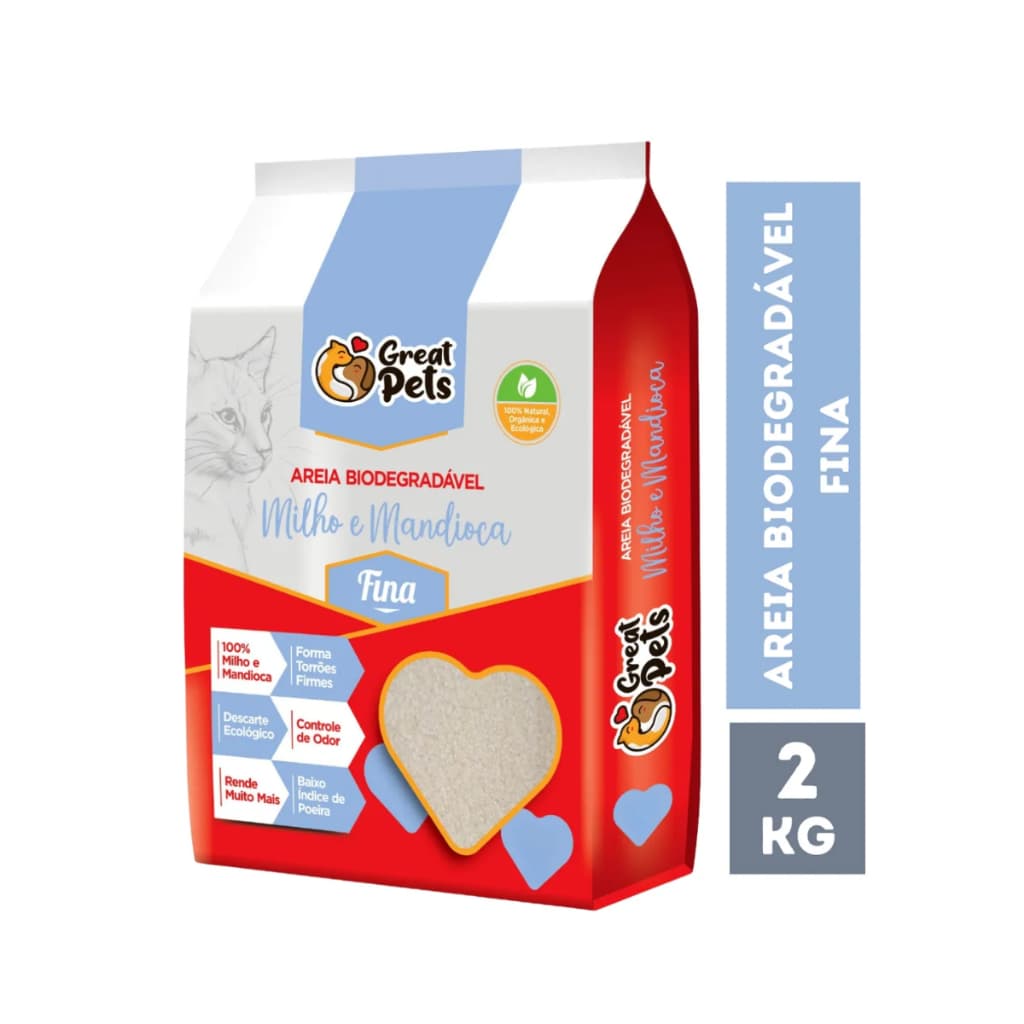 Areia Biodegradável de Milho e Mandioca Fina Great Pets 2kg